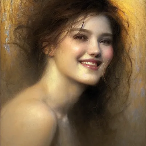 Image similar to beautiful portrait of a young woman, smiling, radiant light, caustics, reflective light, by gaston bussiere, bayard wu, greg rutkowski, giger, maxim verehin