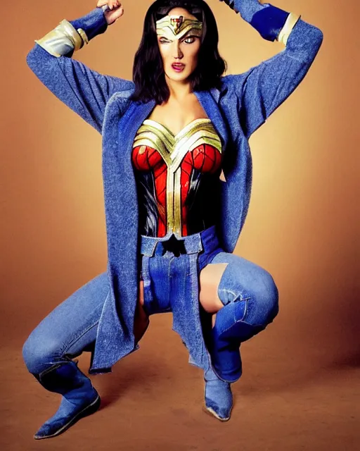 Image similar to a Chimpanzee, dressed as Wonder Woman, is wearing tight fit blue Jean pants, photographed in the style of Mario Testino, Standing in front of photorealistic