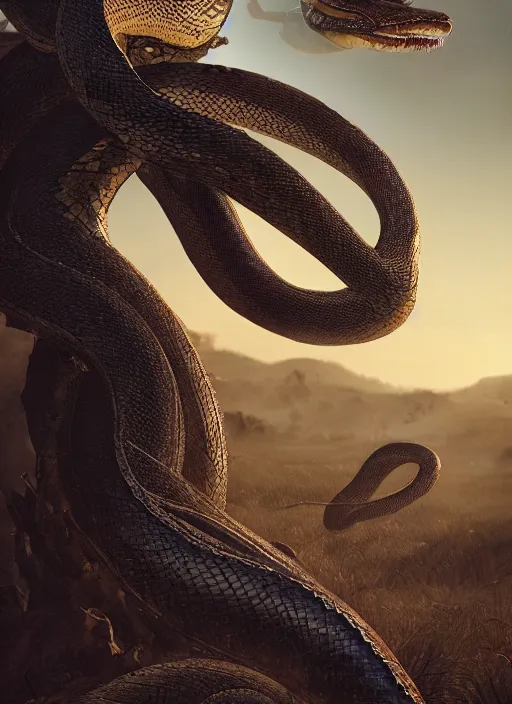 Prompt: giant cyborg snake on a dusky land, art by artgerm and greg rutkowski, cinematic shot, intricate, ornate, photorealistic, ultra detailed, trending artstaition, realistic, 1 0 0 mm, photography, octane, high definition, depth of field, bokeh, 8 k