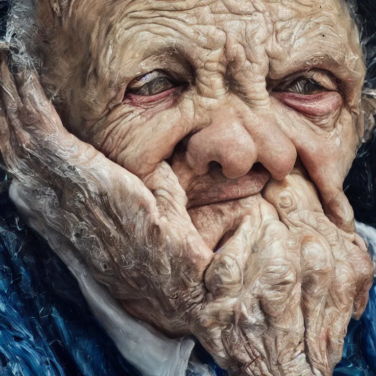 Prompt: warmly lit close up studio portrait of aging angry!! screaming! old Elaine Benes age 115 wrinkled furious!, impasto oil painting thick brushstrokes by Lucian Freud and Cy Twombly and Tim Hawkinson , trending on artstation dramatic lighting Expressionism