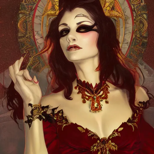 Image similar to an extremely detailed matte painting of a vampire queen in a resplendent and ostentatiously beautiful dark red dress with gold trim and black high heeled shoes at a masquerade ball, epic fantasy, viewed in profile from far away, sharp focus, detailed face, art by greg rutkowski and alphonse mucha, volumetric lighting, 4 k resolution, artstation