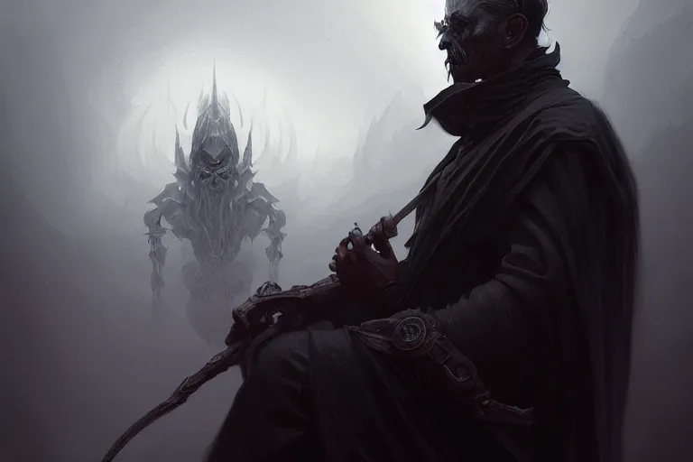 Image similar to Portrait of fog evil man, D&D, black eyes, face, dark fantasy, intricate, elegant, highly detailed, digital painting, artstation, concept art, smooth, sharp focus, illustration, art by artgerm and greg rutkowski and alphonse mucha