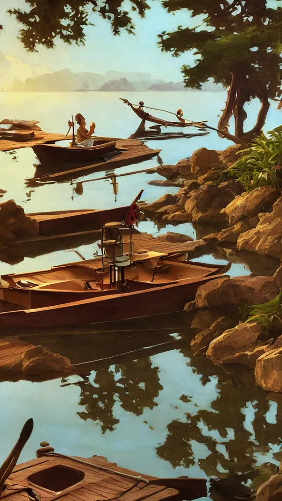 Prompt: a subterranean lagoon where a rowboat is moored to a small wooden dock, in a style blend of whelan and leyendecker and rockwell, oil painting, volumetric lighting, intricate details