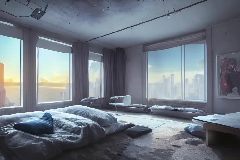 Image similar to a futuristic furnished bedroom with a large window at sunset, godrays, luxury furniture , white bed, complementary colors, warm lighting, path traced, highly detailed, high quality, concept art, 8k, calm, trending on Artstation, full of furniture