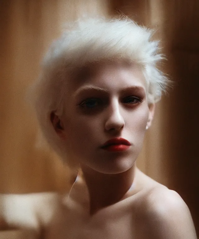 Image similar to a color photograph of a non binary model, platinum blonde, by nan goldin, intense, bold, hyperrealistic, ultra sharp, extra details, ultra high quality, trending on pinteresst