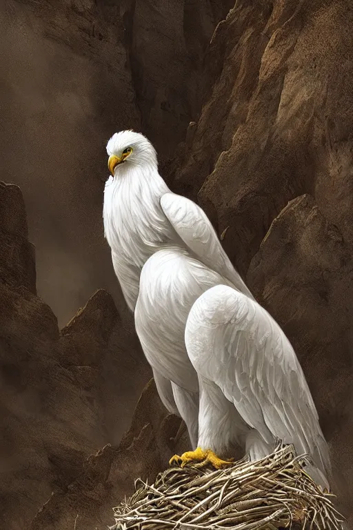 Image similar to portrait of majestic white eagle on his Nest in the mountains, Single face, dramatic lighting, cinematic, establishing shot, extremly high detail, photo realistic, cinematic lighting, post processed, concept art, artstation, matte painting, style by eddie mendoza, raphael lacoste, alex ross