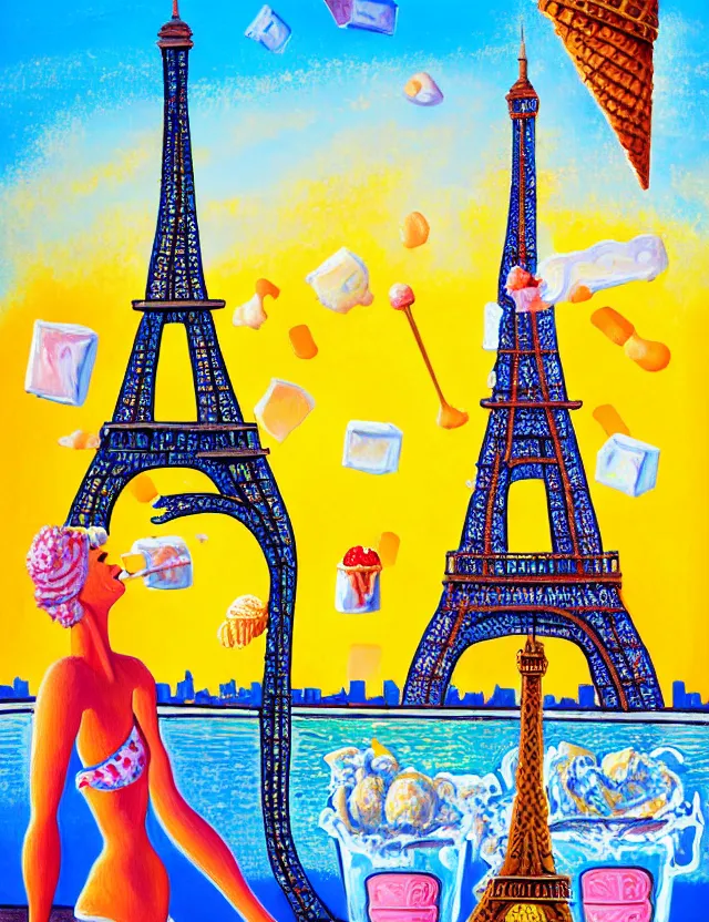 Image similar to a highly detailed and realistic painting of a dancing eiffel tower in paris with melting ice cream of the paris skyline on a very sunny bright summer sunset day, very hot and the ice is melting fast and people are swimming in the icecream in the style of henri matisse