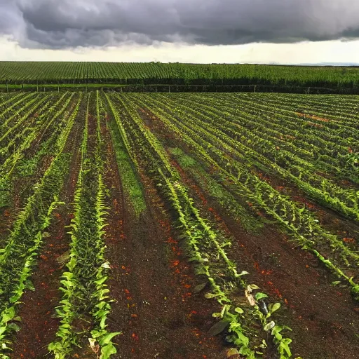 Image similar to biodynamic farm, beautiful, astrological features in the sky, vivid color schemes, rows of vegetable crops, grazing sheep, fruit trees