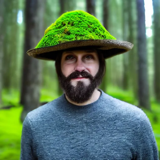 Image similar to portrait of a man with hat made of moss, 4k, full shot, high details, natural light, Forrest in background