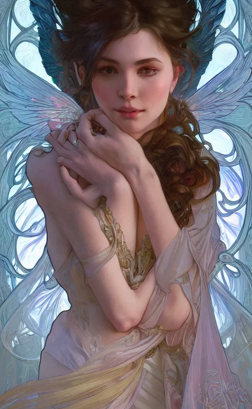 Image similar to a photograpic portrait of a pretty woman, angel, fantasy, intricate, elegant, highly detailed, digital painting, artstation, centered, concept art, smooth, sharp focus, arc, illustration, art by artgerm and alphonse mucha