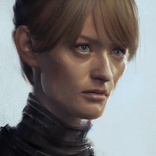 Prompt: portrait of a woman by greg rutkowski, she looks like mackenzie davis but old, impeccable military composure, wearing tactical gear of the galactic alliance, star wars expanded universe, she is about 6 0 years old, highly detailed portrait, digital painting, artstation, concept art, smooth, sharp foccus ilustration, artstation hq