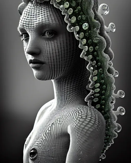 Image similar to surreal mythical dreamy underwater artistic black and white 3 d render of a translucent beautiful young female angelic - medusa - vegetal - doll with her face covered with fish scales, highly detailed, intricate crystal ivy jelly fish scales ornate, poetic, translucent algae ornate, digital art, octane render, 8 k artistic photography, photo - realistic, hg giger flora borsi