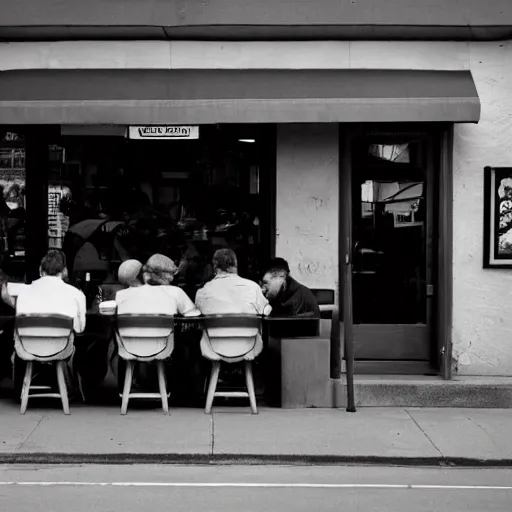 Prompt: candid portrait photograph of a man staring at a computer outside a restaurant, his friends are angry, taken by annie leibovitz,