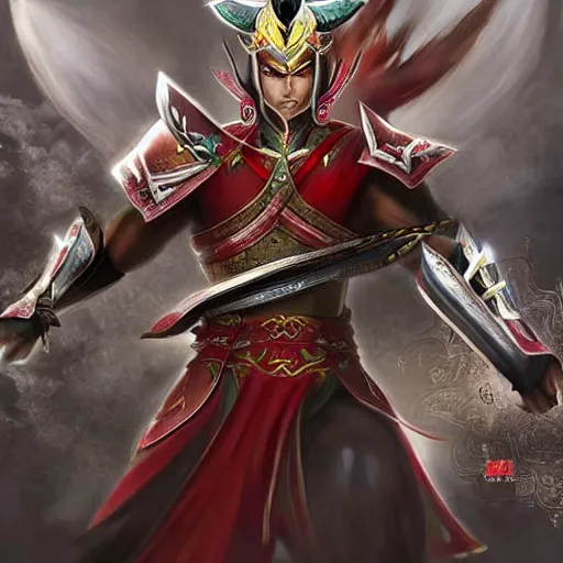 Image similar to lu bu from dynasty warriors, artstation hall of fame gallery, editors choice, #1 digital painting of all time, most beautiful image ever created, emotionally evocative, greatest art ever made, lifetime achievement magnum opus masterpiece, the most amazing breathtaking image with the deepest message ever painted, a thing of beauty beyond imagination or words