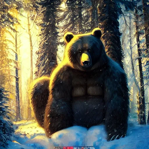 Image similar to dark scene of a giant bear, surrounded by glowing eyes in the snowy forest, realistic shaded lighting poster by ilya kuvshinov katsuhiro otomo, magali villeneuve, artgerm, jeremy lipkin and michael garmash and rob rey