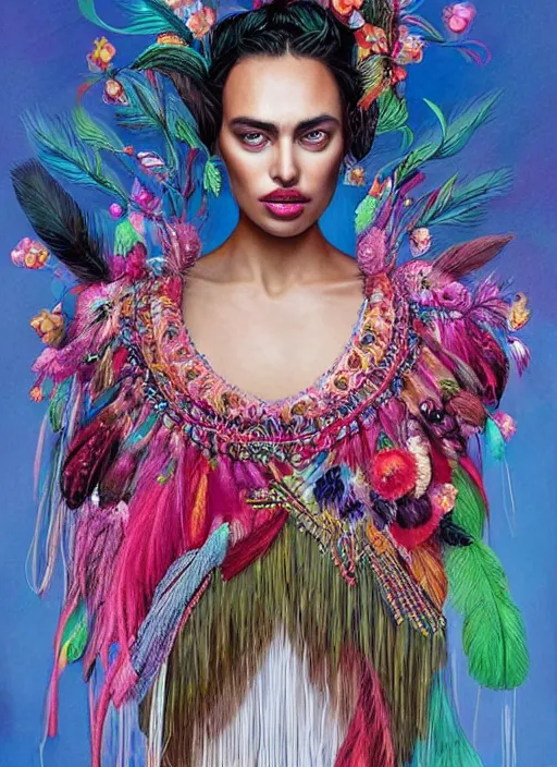 Prompt: beautiful portrait of Irina Shayk wearing dramatic Hand-dyed cotton dress,embellished beaded feather decorative fringe knots ,colorful pigtail,subtropical flowers and plants,symmetrical face,intricate,elegant,highly detailed,8k,digital painting,trending on pinterest,harper's bazaar,concept art, sharp focus, illustration, by artgerm,Tom Bagshaw,Lawrence Alma-Tadema,greg rutkowski,alphonse Mucha