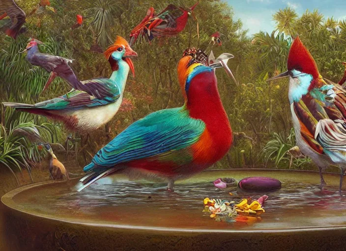 Image similar to colorful birds at the bird bath, lowbrow, matte painting, 3 - d highly detailed, style of greg simkins r,