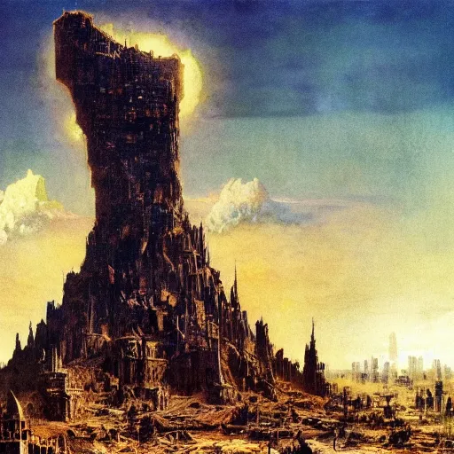 Image similar to babel tower in post apocalyptic Babylon , painting by frazetta, low angle,wide angle, panorama