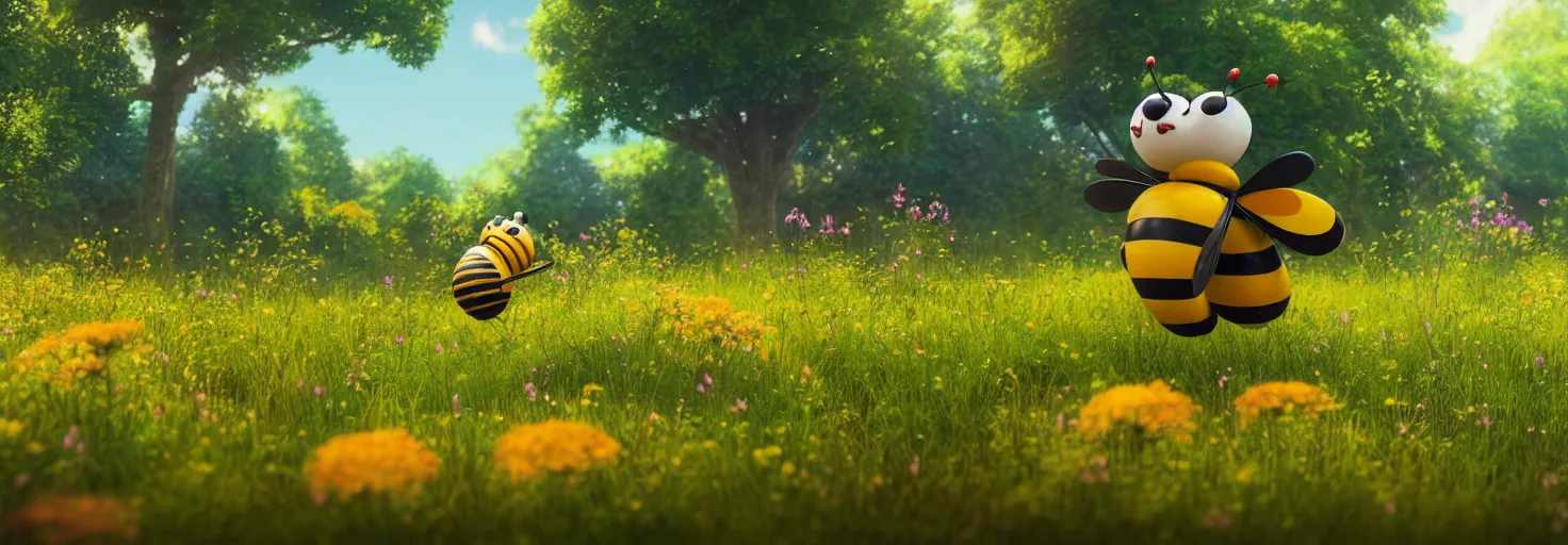 Prompt: large cute bee flying to crimson - black cute bee art school, in a beautiful forest meadow village landscape, flowers, happy trees, photorealistic, octane render, rtx, hdr, unreal engine, digital art widescreen 8 k, studio ghibli, disney, wlop