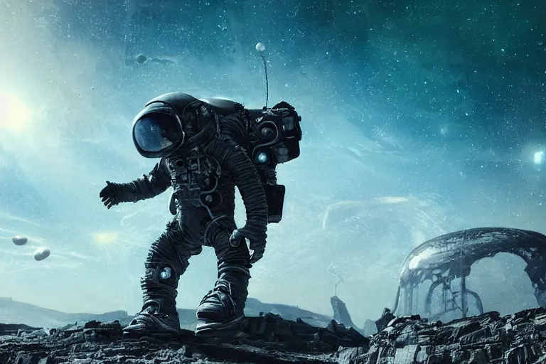 Image similar to distant low angel photograph of an astronaut exploring an abandoned alien planet with alien skeletons, alien skulls, fallen kingdom city ruins, science fiction, detailed space suit, cinematic, hypermaximalist, detailed, 4k, 8k, breathtaking stars, surrealism, distant, concept art, digital art, sharp focus, reflections, RTX, octane render, acid pixie, Trending on DeviantArt