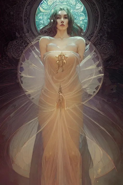 Prompt: a full body portrait of a beautiful ethereal delicate mage queen meditative sacral pose of vestal power, bedroom, intricate, elegant, highly detailed, digital painting, artstation, concept art, smooth, sharp focus, illustration, art by krenz cushart and artem demura and alphonse mucha