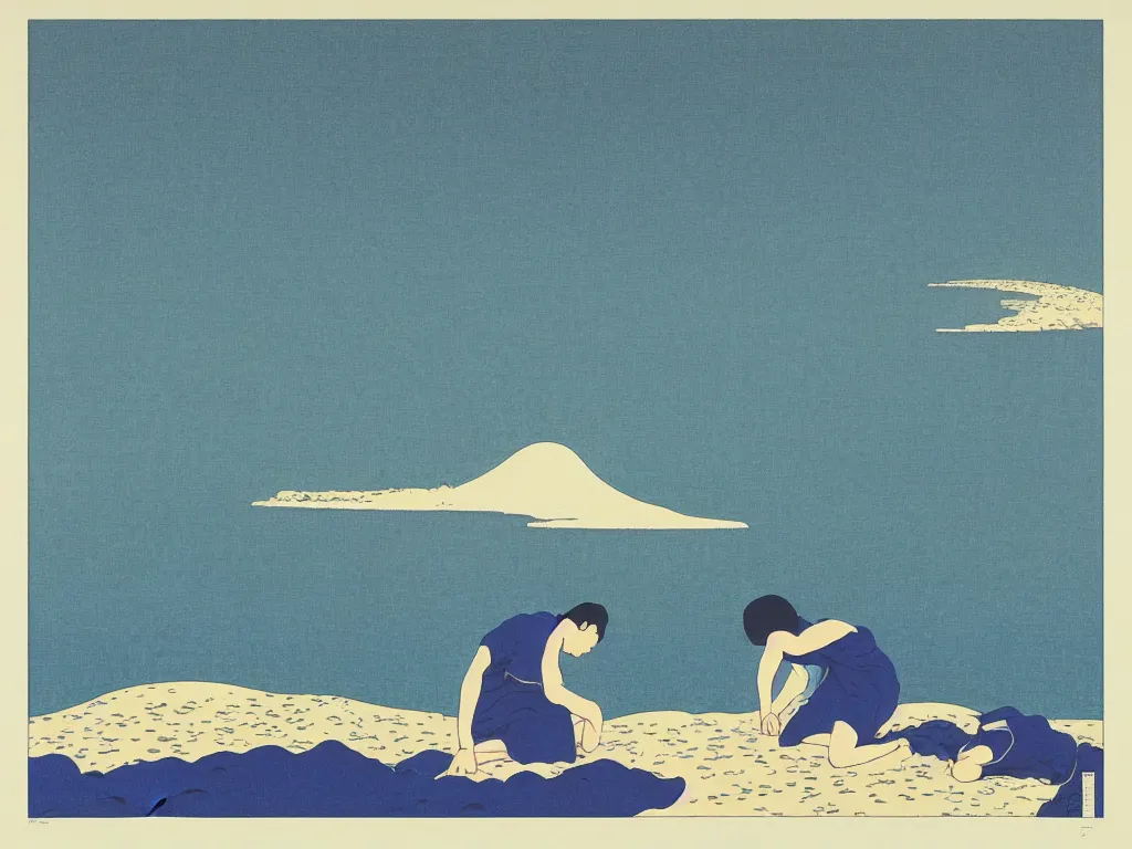 Prompt: Crying uncontrollably by the beach, flat design, screen print by Kawase Hasui, jeffrey smith and Yves Klein