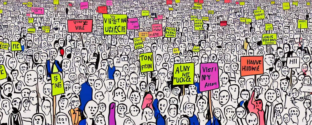 Image similar to a doodle of a crowd of very ordinary protestors with signs, front angle, by david shrigley, illustration, pen and ink, flat color, colorful drawing, facing front, anatomically correct, beautiful perfect face, sharp focus, highly detailed, cinematic lighting, 8 k, hd