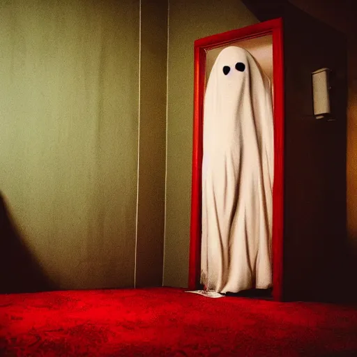 Image similar to Creepy ghost in dirty motel room, red carpet | 70's scratched photo | Aesthetics of Silent Hill game