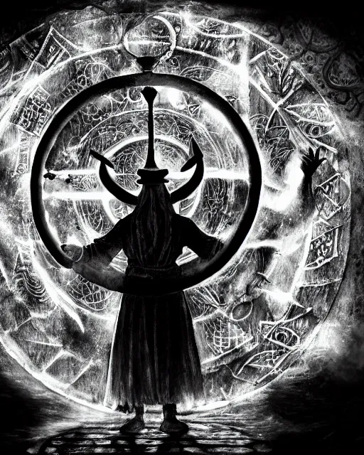 Image similar to ink wash painting painting of mage reciting an incantation and standing on glowing circular runes in the middle of dark room, high production value, intricate details, high resolution, hyperrealistic, hdr, high definition, masterpiece, ultra realistic, highly detailed, hd, sharp focus, non blurry, sharp, smooth