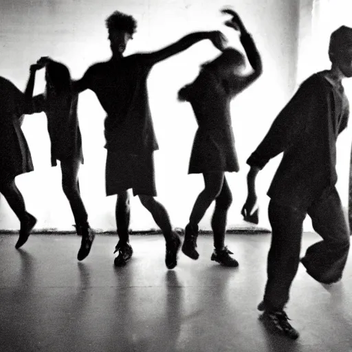 Prompt: photograph of a group of people in baggy outfits and bulky shoes dancing in a dark room, taken from a distance to show showing the whole bodies, smudged grainy blurry gritty, dynamic frenetic, taken with a soviet flash camera at slow shutter speed