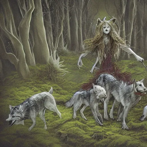 Image similar to spectral figures coming out of the fog with their pack of wolves, leaves and feathers twisted in their hair, moss growing on their clothes, destructive magic pulsing at their fingertips