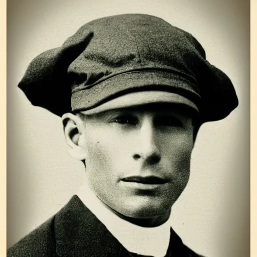 Prompt: A photograph portrait of Jerma985 wearing a newsboy cap in the early 1900s, taken in the early 1900s, grainy, taken on a early 1900s Kodak Camera, realistic, hyperrealistic, very realistic, highly detailed, very detailed, extremely detailed, detailed, digital art, trending on artstation