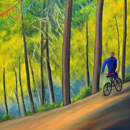 Image similar to man biking up a steep forest hill with a deep blue sweater. sweaty. Oil painting. Emotional. Steep. Trees.