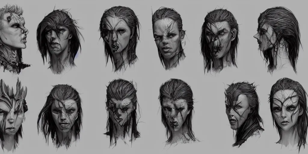 Prompt: gothic character head detail designs, Enki Bilal, Barry Windsor Smith, Milo Manara, Kim Jung Gi, Greg Rutkowski, character sheet, Darek Zabrocki, Karlkka, Jayison Devadas, Phuoc Quan, trending on Artstation, 8K, ultra wide angle, pincushion lens effect