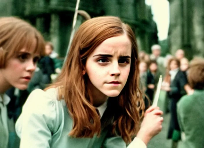 Prompt: photograph. emma watson as hermione granger. behind the scenes. candid shot. harry potter film set. kodak ektachrome. green tint. expired film. extremely detailed.