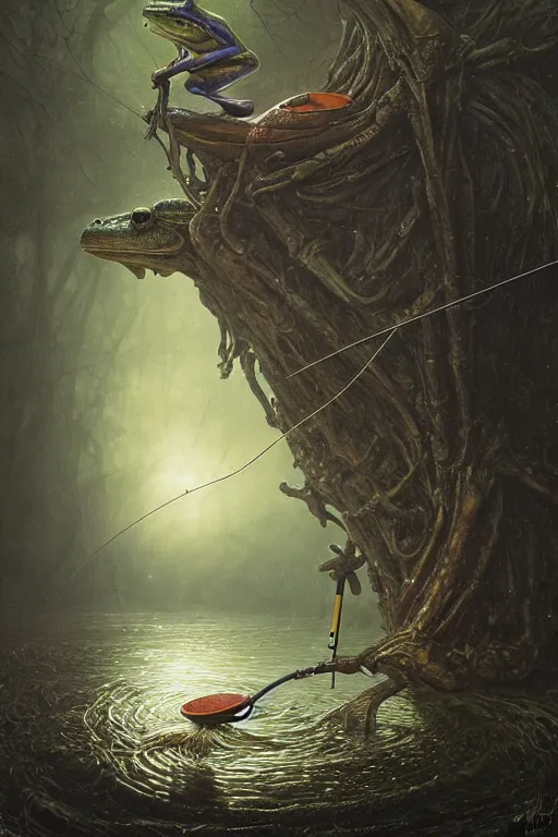 Image similar to frog fishing with a fishing pole by the water by anna podedworna, ayami kojima, greg rutkowski, giger, maxim verehin