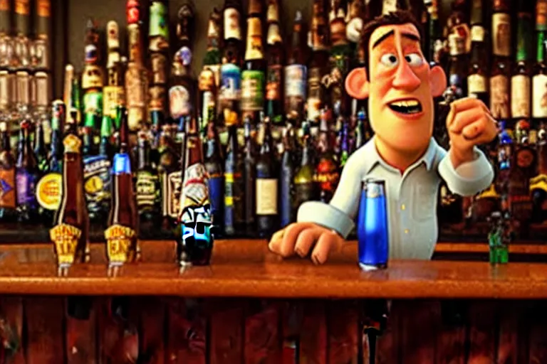 Prompt: a drunken bottle of beer stands a bar yelling at the bar tender, pixar