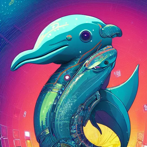 Image similar to a beautiful hyperdetailed character design 4 k wallpaper illustration of a cute dolphin, victo ngai cyberpunk style, from china, style of studio ghibli, makoto shinkai, raphael lacoste, louis comfort tiffany, artgerm, james jean, ross tran, chinese style