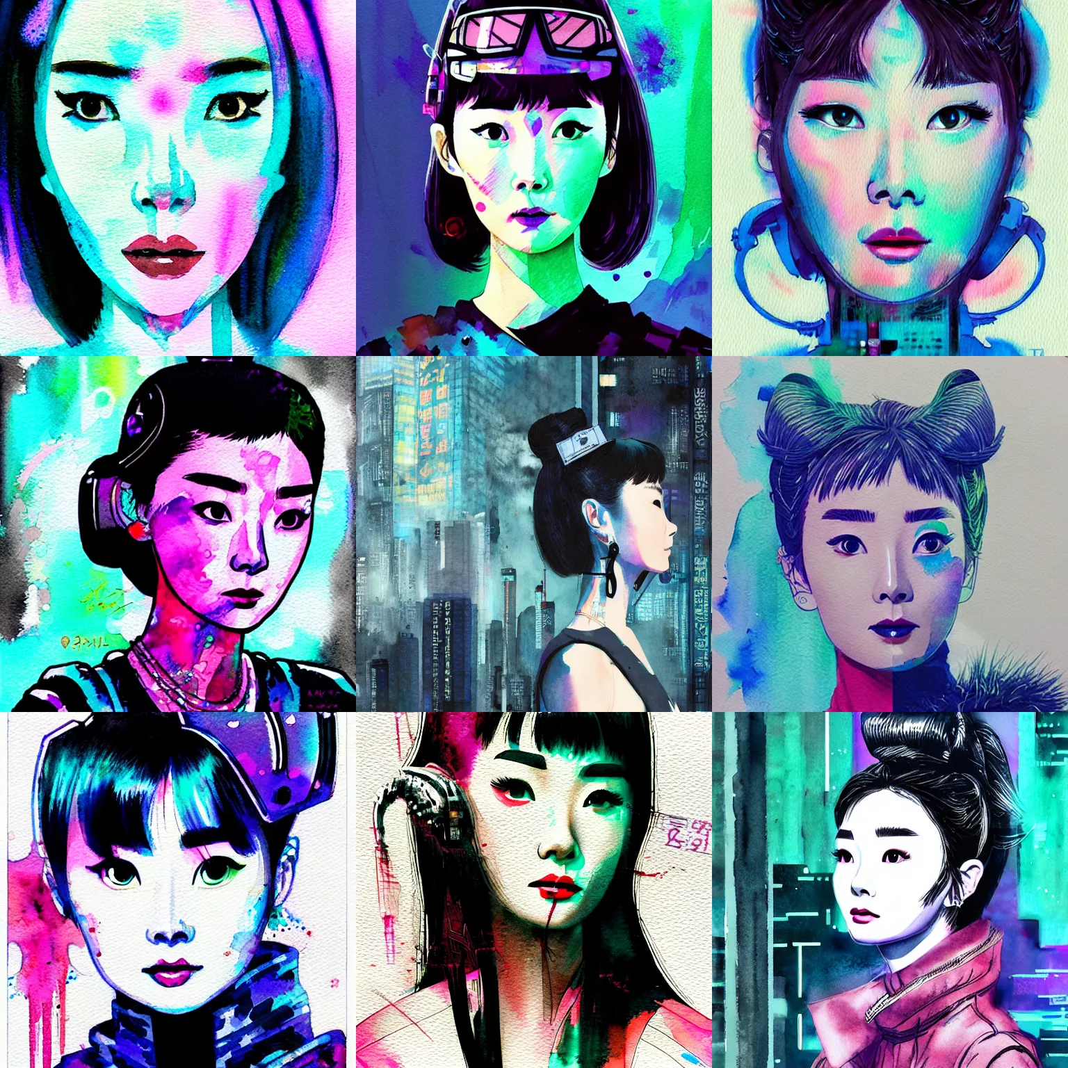 Image similar to korean audrey hepburn, intricate watercolor cyberpunk vaporwave portrait by tim doyle