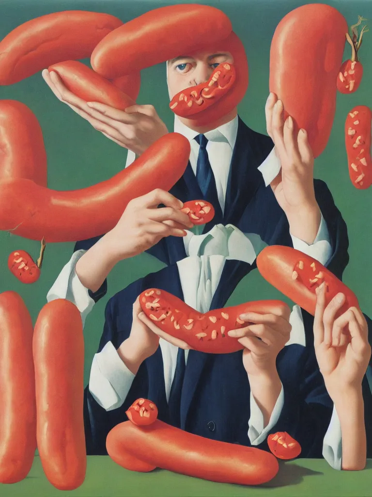 Prompt: Rene Magritte's Son Of Man painting with a floating pink hotdog blocking the face, the hotdogs all have faces, the hotdog has a stem and leaves and is growing more unripe hotdogs on the hotdog vine