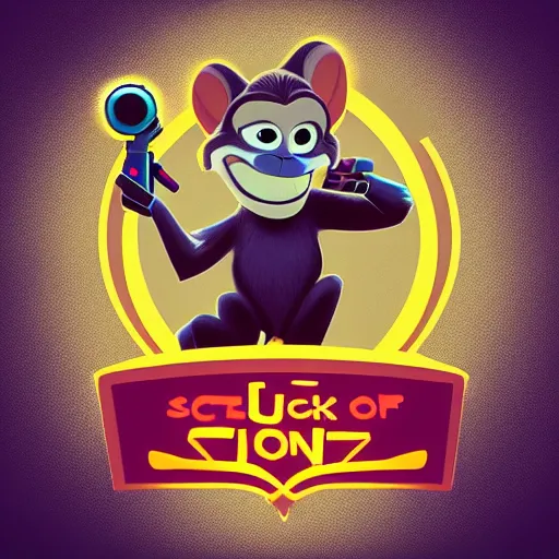 Image similar to “ logo of a monkey in the style of zootopia holding laser gun, with a black background, digital art, award winning, trending on art station, retro style ”