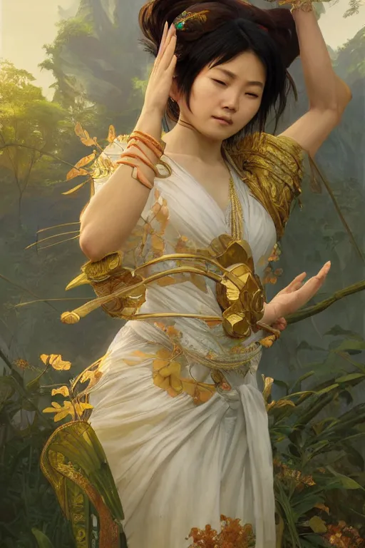 Image similar to asian goddess of nature, accurate anatomy, only two hands, highly detailed, digital painting, artstation, concept art, smooth, sharp focus, illustration, Unreal Engine 5, 8K, art by Ross Tran and greg rutkowski and alphonse Mucha