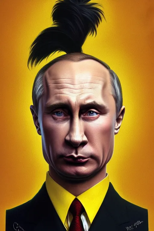 Image similar to vladimir putin as a yellow funny character from the simpsons, realistic portrait, symmetrical, highly detailed, digital painting, artstation, concept art, smooth, sharp focus, illustration, cinematic lighting, art by artgerm and greg rutkowski and alphonse mucha