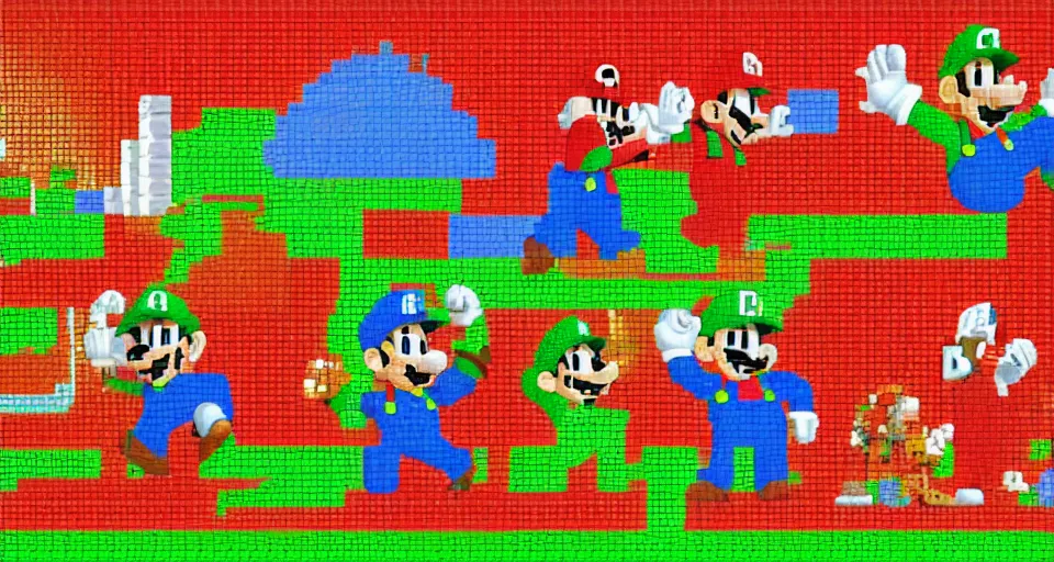 Image similar to sprite sheet of mario bros, 8 k, very high resolution, pixelart, processing, extremely hyperdetailed