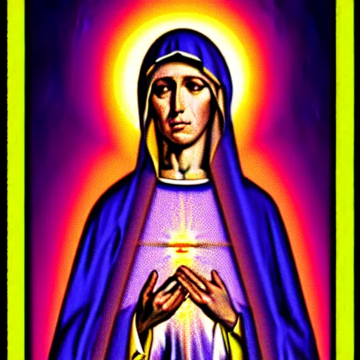Image similar to vhs static overlay of virgin mary, vhs, 1 9 9 0, highly realistic, highly detailed