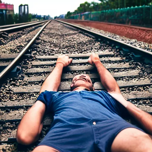 Image similar to man laying on train tracks