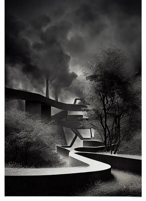 Image similar to burning overgrowth, a lone man, habitat 67!!!!, Mads Berg, Karolis Strautniekas, film noir, stippled light, dramatic lighting,editorial illustration, detailed,fine texture, matte print, blue, dark blue, orang, black, white