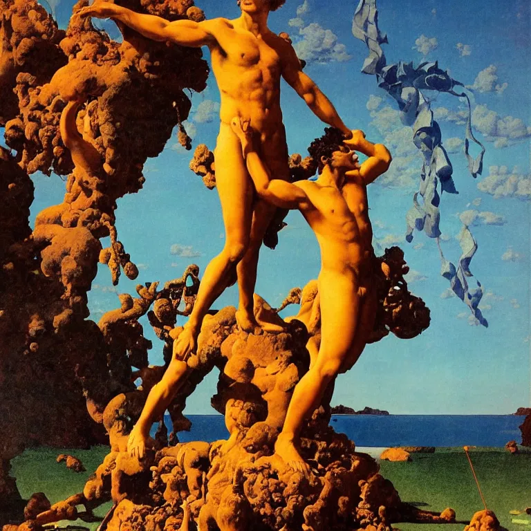 Prompt: A Monumental Public Sculpture of a 'Triumphant Hercules made of Sea Anemone' on a pedestal by the lake, surreal oil painting by Maxfield Parrish and Max Ernst shocking detail hyperrealistic!! Cinematic lighting