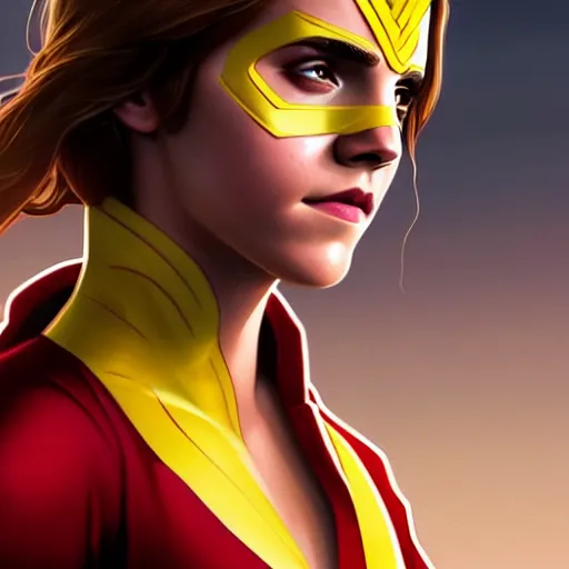 Image similar to beautiful Emma Watson as Kid Flash, western, closeup, D&D, fantasy, intricate, elegant, highly detailed, digital painting, artstation, concept art, matte, sharp focus, illustration, art by Artgerm and Greg Rutkowski and Alphonse Mucha