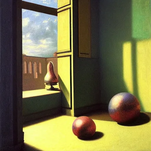 Prompt: still life painting of a room with a balcony. in the center lays an ancient holy artifact, shaped like torus ring, chromed and ornate with gentle iridescent shine from within. the ring lays on top of a pedestal. perspective from the side. realistic light and shadows. moody fantasy art, still life renaissance pastel painting. in the style of vermeer